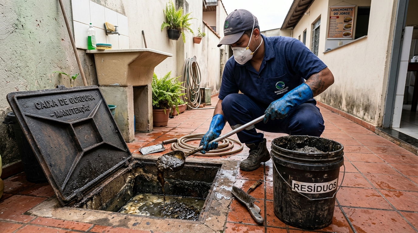 Remoção de resíduos da caixa de gordura em Guarulhos‑SP
